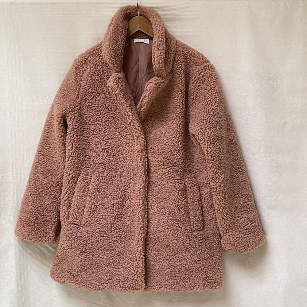 Sage‎ The Label Teddy Jacket Long Womens Medium Fuzzy Button Pockets Pink Warm